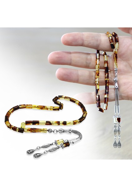 Fosilli Beyrut Kehribar Tesbih - Kararmaz Metal Püsküllü - Mini Boy - Sarı Siyah - Kesme Kesim fiyatları