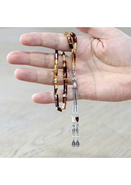 Fosilli Beyrut Kehribar Tesbih - Kararmaz Metal Püsküllü - Mini Boy - Sarı Siyah - Kesme Kesim modelleri