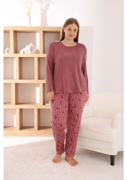 Kadın Büyük Beden Milan Kumaş Bisiklet Yaka Gül Kurusu Pijama Takımı