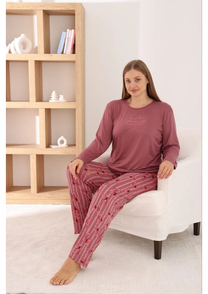 Kadın Büyük Beden Milan Kumaş Bisiklet Yaka Gül Kurusu Pijama Takımı fiyatları