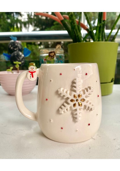 El Yapımı Seramik Gerçek 24K Altın Dekorlu Kar Tanesi Büyük Kupa