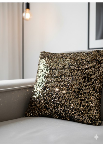 Işıltılı Pullu Lüks Dekoratif Kırlent - Siyah & Altın fırsatları