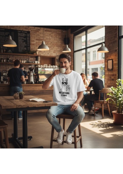 No Drama Llama Oversize T-Shirt – Cool Lama Kulübü Beyaz %100 Pamuk