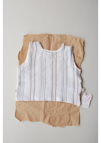 Kahve-Indigo Çizgili Müslin Atlet