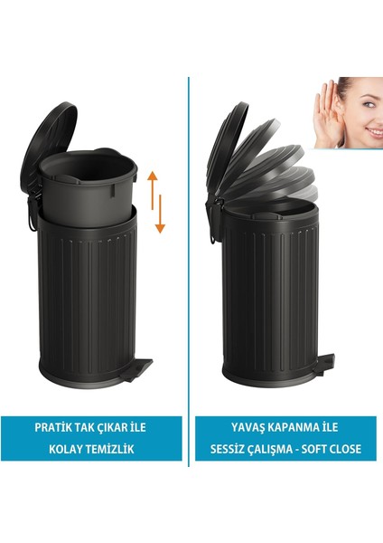 Vintage 16 Lt Yavaş Kapanır Kapaklı Ofis Mutfak Banyo Balkon Çöp Kovası Siyah indirimleri