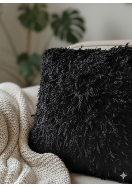 Siyah Tüylü Dekoratif Kırlent Kılıfı - Modern Salon Yatak Odası Koltuk Minderi