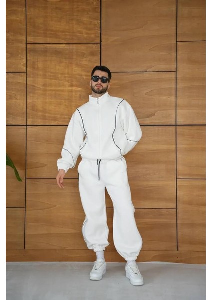 Erkek Premium Parçalı Eşofman Takım - Dik Yaka Fermuarlı Biyeli Sweatshirt Lastik Paça Alt, Oversize 3 Iplik Şardonlu - Beyaz indirimleri