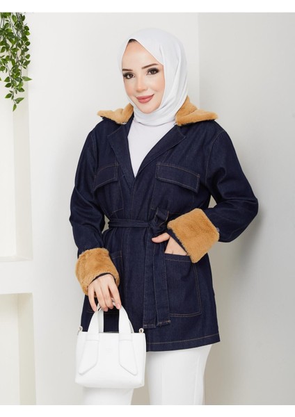 Kadın Kürk Detaylı Kuşaklı Cepli Kot Ceket -PMK489