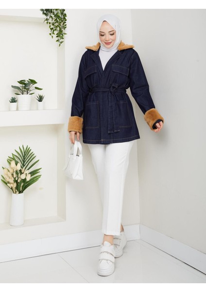 Kadın Kürk Detaylı Kuşaklı Cepli Kot Ceket -PMK489 fiyatları