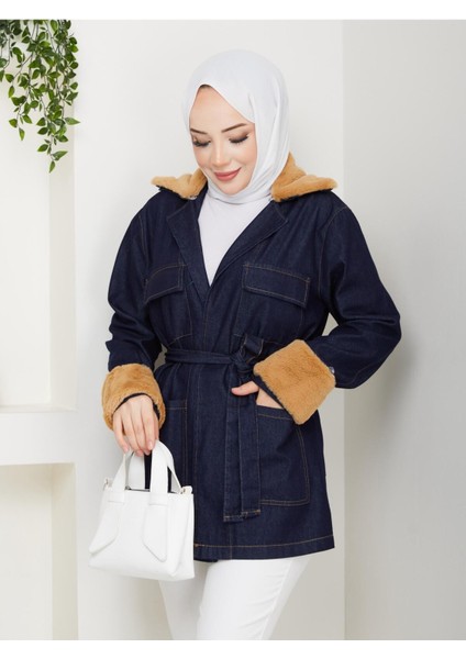 Kadın Kürk Detaylı Kuşaklı Cepli Kot Ceket -PMK489 modelleri