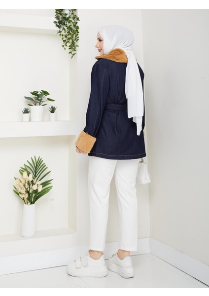 Kadın Kürk Detaylı Kuşaklı Cepli Kot Ceket -PMK489 fırsatları