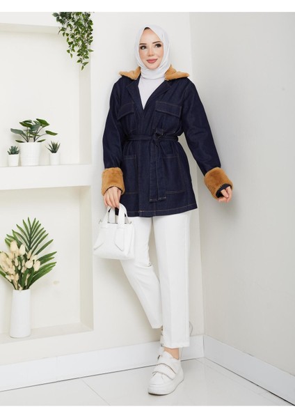 Kadın Kürk Detaylı Kuşaklı Cepli Kot Ceket -PMK489 indirimleri