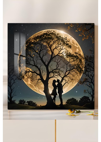 3D Görünümlü Temperli Cam Tablo – Ay ve Aşk Silüeti Romantik Tasarım Uv Baskı 33X33 CM-CTK036