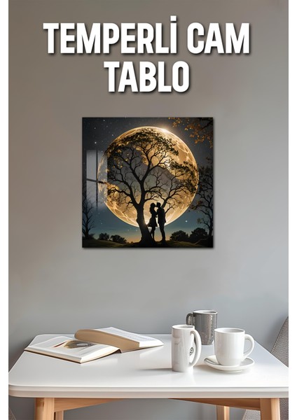 3D Görünümlü Temperli Cam Tablo – Ay ve Aşk Silüeti Romantik Tasarım Uv Baskı 33X33 CM-CTK036 modelleri