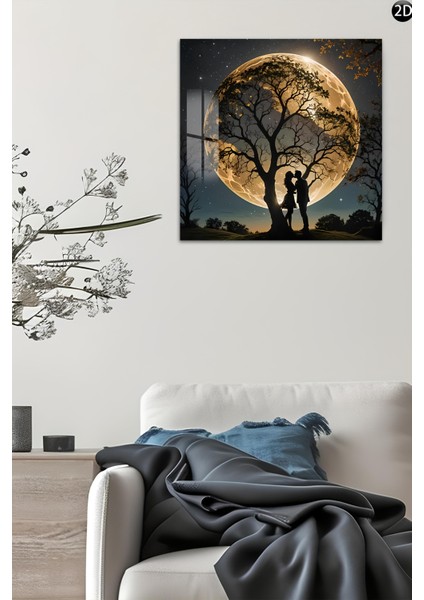 3D Görünümlü Temperli Cam Tablo – Ay ve Aşk Silüeti Romantik Tasarım Uv Baskı 33X33 CM-CTK036
