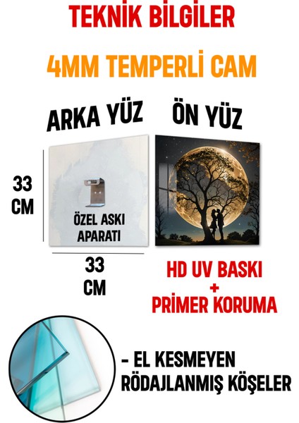 3D Görünümlü Temperli Cam Tablo – Ay ve Aşk Silüeti Romantik Tasarım Uv Baskı 33X33 CM-CTK036