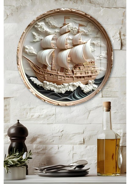3D Görünümlü Temperli Cam Tablo – Yelkenli Gemi ve Dalga Desenli Duvar Süsü Uv Baskı 33X33 CM-CDS057