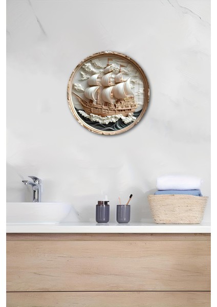 3D Görünümlü Temperli Cam Tablo – Yelkenli Gemi ve Dalga Desenli Duvar Süsü Uv Baskı 33X33 CM-CDS057