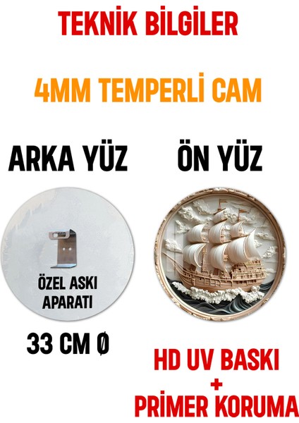 3D Görünümlü Temperli Cam Tablo – Yelkenli Gemi ve Dalga Desenli Duvar Süsü Uv Baskı 33X33 CM-CDS057