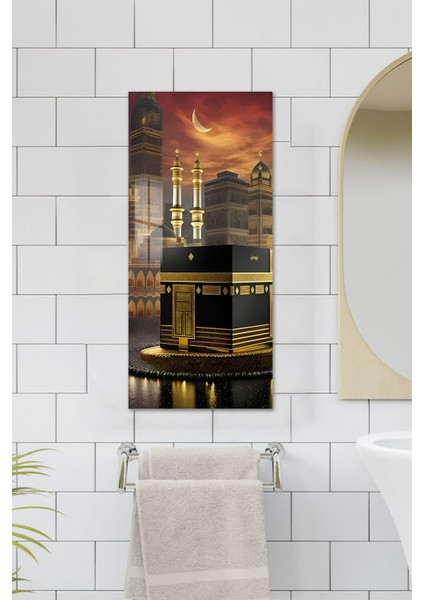 Kâbe ve Hilal Manzaralı Temperli Cam Dik Tablo 30X60 cm Uv Baskı - DCT070 fırsatları