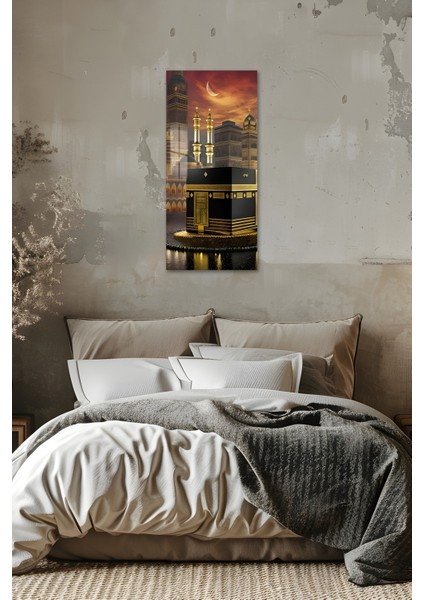 Kâbe ve Hilal Manzaralı Temperli Cam Dik Tablo 30X60 cm Uv Baskı - DCT070 indirimleri