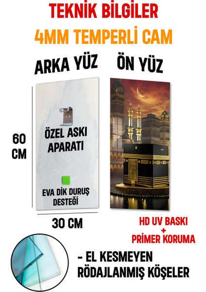 Kâbe ve Hilal Manzaralı Temperli Cam Dik Tablo 30X60 cm Uv Baskı - DCT070