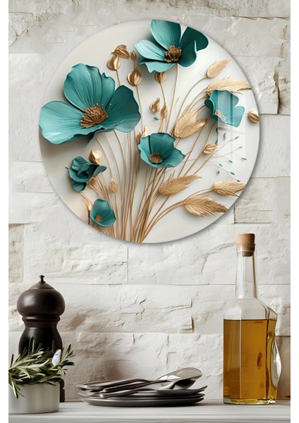 3D Görünümlü Temperli Cam Tablo – Turkuaz Çiçek ve Başak Desenli Duvar Süsü Uv Baskı 33X33 CM-CDS048
