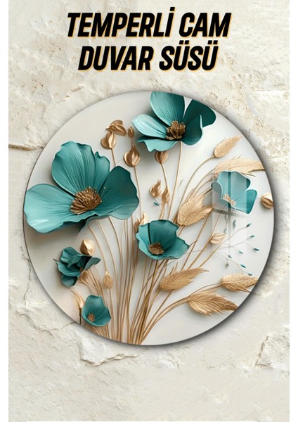 3D Görünümlü Temperli Cam Tablo – Turkuaz Çiçek ve Başak Desenli Duvar Süsü Uv Baskı 33X33 CM-CDS048 fiyatları