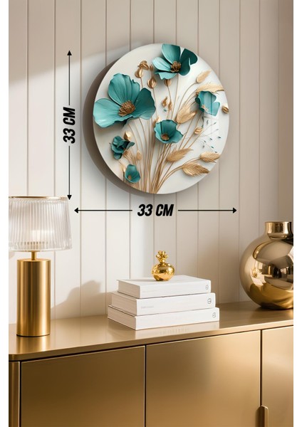3D Görünümlü Temperli Cam Tablo – Turkuaz Çiçek ve Başak Desenli Duvar Süsü Uv Baskı 33X33 CM-CDS048 modelleri