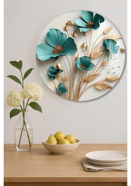 3D Görünümlü Temperli Cam Tablo – Turkuaz Çiçek ve Başak Desenli Duvar Süsü Uv Baskı 33X33 CM-CDS048 indirimleri