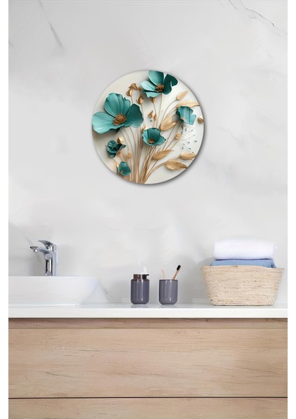 3D Görünümlü Temperli Cam Tablo – Turkuaz Çiçek ve Başak Desenli Duvar Süsü Uv Baskı 33X33 CM-CDS048