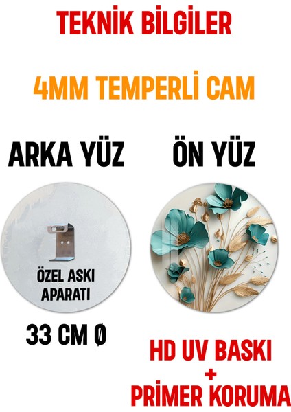 3D Görünümlü Temperli Cam Tablo – Turkuaz Çiçek ve Başak Desenli Duvar Süsü Uv Baskı 33X33 CM-CDS048