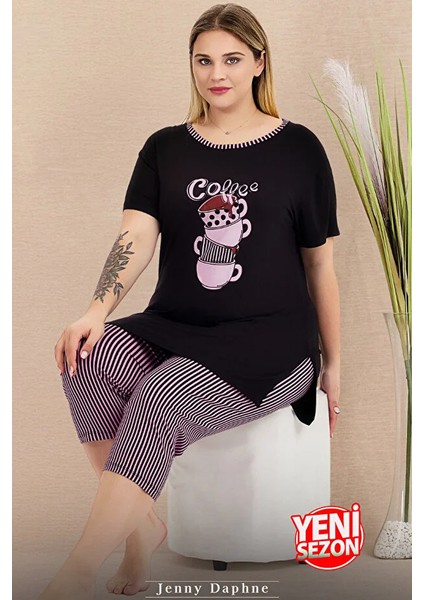 Lady Büyük Beden Çizgili Kapri Yırtmaçlı Kısa Kollu Kapri Pijama Takımı