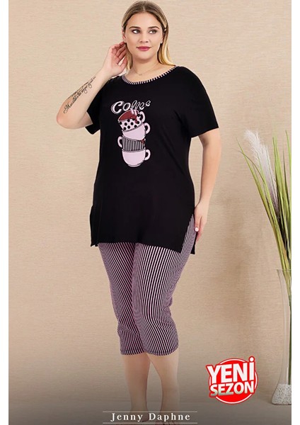 Lady Büyük Beden Çizgili Kapri Yırtmaçlı Kısa Kollu Kapri Pijama Takımı fiyatları