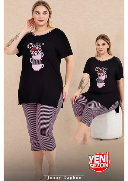 Lady Büyük Beden Çizgili Kapri Yırtmaçlı Kısa Kollu Kapri Pijama Takımı modelleri