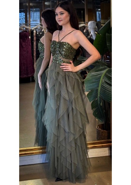 Olive Ip Askılı Bel Dekolteli Kloş Etekli Likralı Tül Uzun Abiye Elbise 11048-04 fiyatları