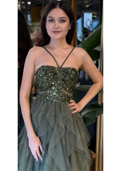 Olive Ip Askılı Bel Dekolteli Kloş Etekli Likralı Tül Uzun Abiye Elbise 11048-04 modelleri