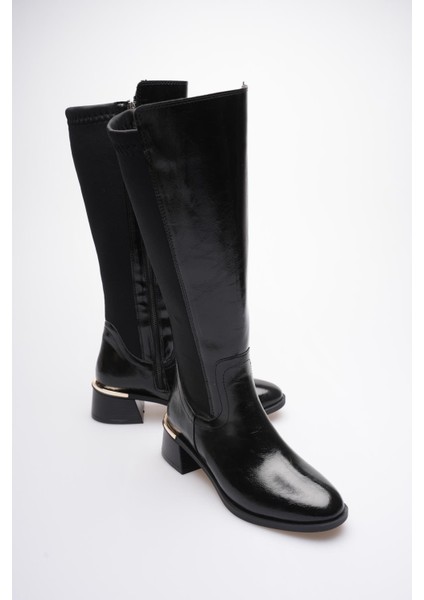 Kadın Deri Çizme Streç Fermuarlı Gold Topuk Detaylı Strelune