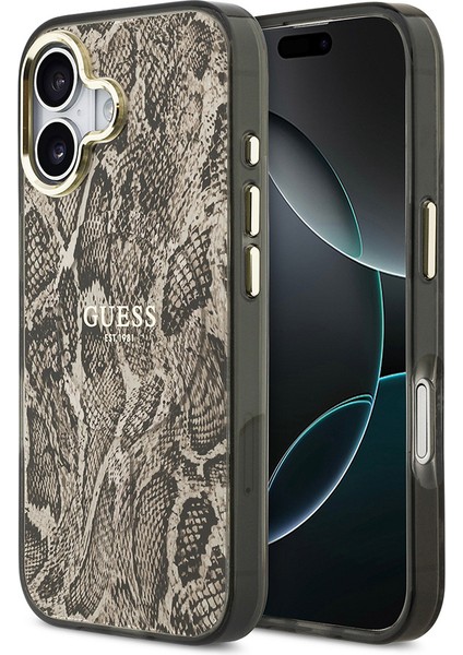 iPhone 17 Uyumlu Kılıf Guess Lisanslı M-Safe Özellikli Yazı Logolu Python Desenli Kapak Kahverengi