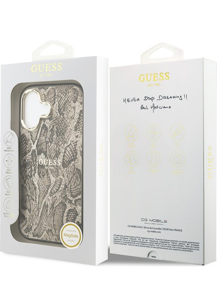 iPhone 17 Uyumlu Kılıf Guess Lisanslı M-Safe Özellikli Yazı Logolu Python Desenli Kapak Kahverengi