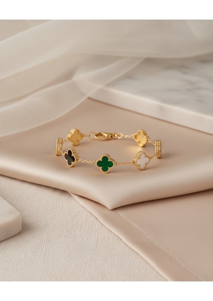 Beşli Çok Renkli Dört Yapraklı Şans Yoncası Çelik Kadın Bileklik – Altın Kaplama, Çift Yönlü Tasarım modelleri