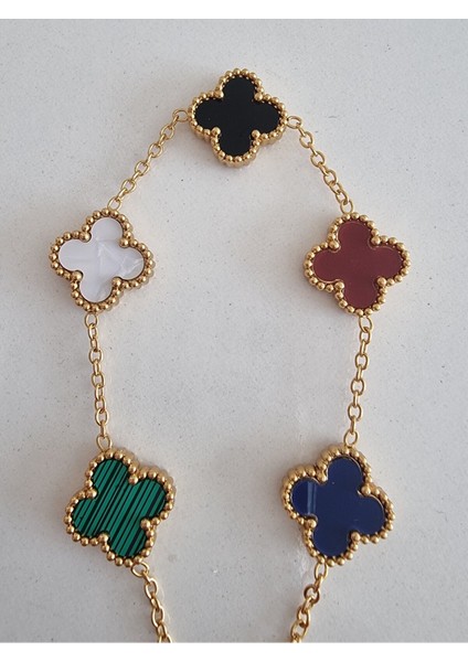 Beşli Çok Renkli Dört Yapraklı Şans Yoncası Çelik Kadın Bileklik – Altın Kaplama, Çift Yönlü Tasarım indirimleri