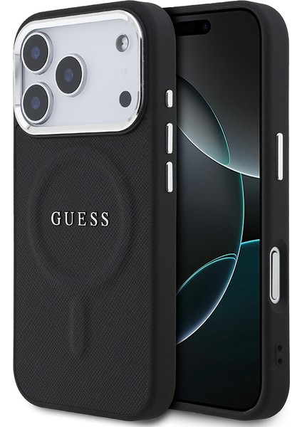 iPhone 17 Pro Uyumlu Kılıf Guess Lisanslı M-Safe Özellikli Klasik Yazı Logolu Pu Deri Kapak Siyah