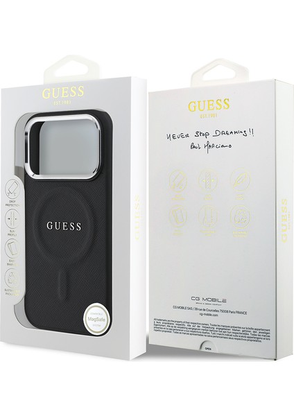 iPhone 17 Pro Uyumlu Kılıf Guess Lisanslı M-Safe Özellikli Klasik Yazı Logolu Pu Deri Kapak Siyah