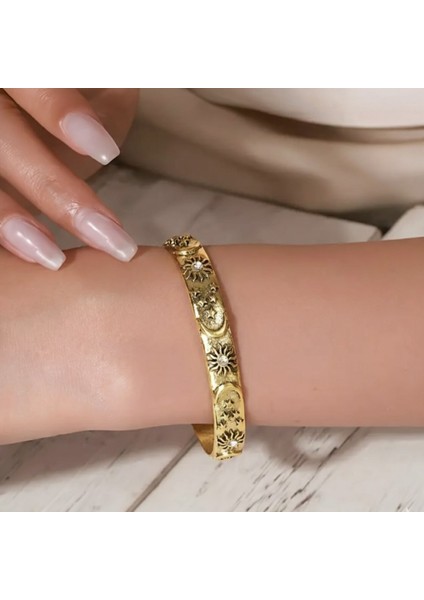 Güneş Ay Motifli Kelepçe Bileklik | Bohem Etnik Ayarlanabilir Bilezik Kadın