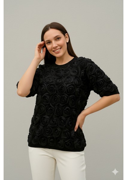 Kadın Tül Kabartma Gül Desenli Siyah Kazak|Kısa Kollu-Standart(40 Bedene Kadar Uyumlu) fiyatları