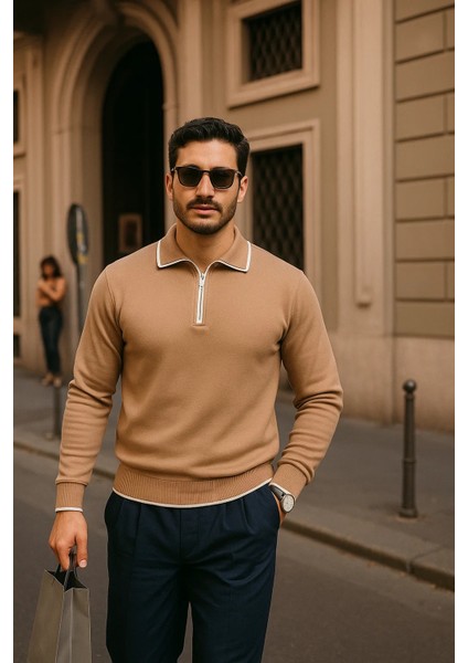 Erkek Fermuarlı Camel Uzun Kollu Polo Yaka Triko Kazak