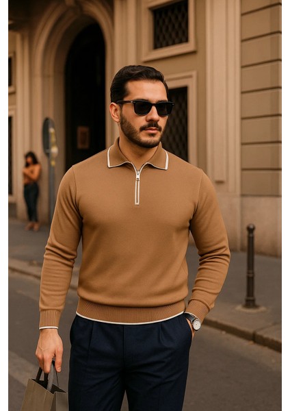 Erkek Fermuarlı Camel Uzun Kollu Polo Yaka Triko Kazak fiyatları