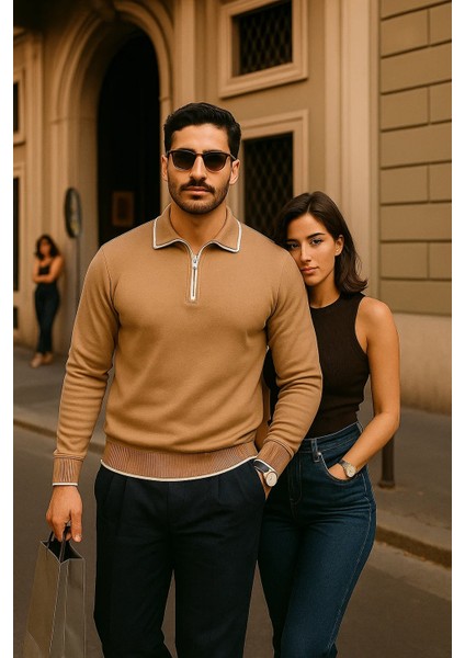 Erkek Fermuarlı Camel Uzun Kollu Polo Yaka Triko Kazak modelleri