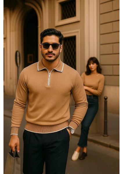 Erkek Fermuarlı Camel Uzun Kollu Polo Yaka Triko Kazak fırsatları